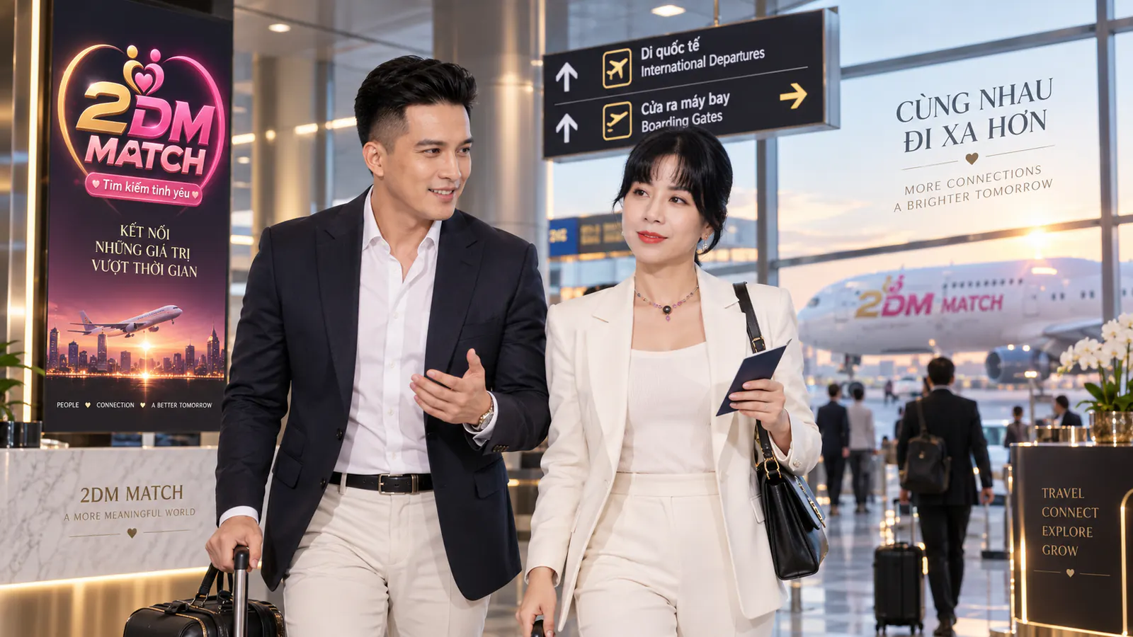 Hai người kéo vali trong sảnh sân bay, biển chỉ dẫn Đi quốc tế và dòng chữ Cùng nhau đi xa hơn