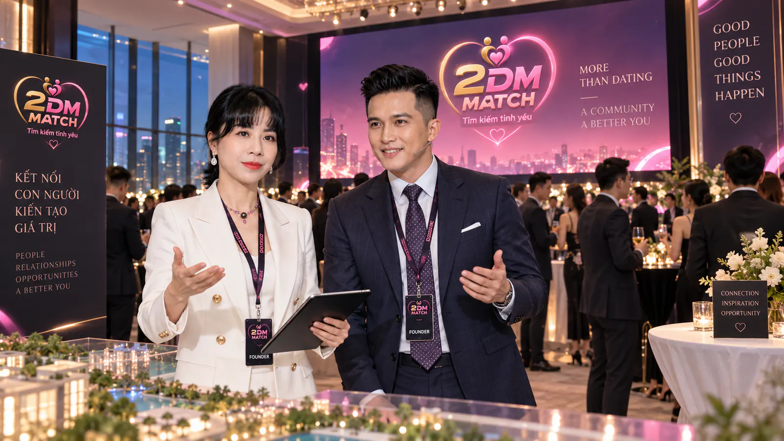 Hai người đeo thẻ Founder giới thiệu tại sảnh tiệc có màn hình lớn 2DM MATCH More Than Dating