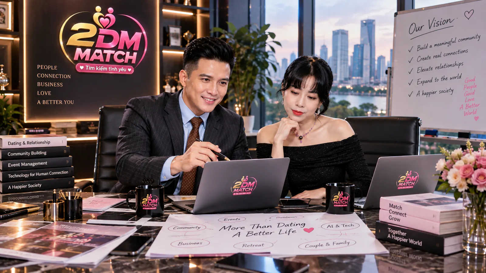 Hai người cùng xem laptop, trên bàn là tờ giấy More Than Dating A Better Life nối các nhóm Community, Events, Business, Retreat, Couple & Family