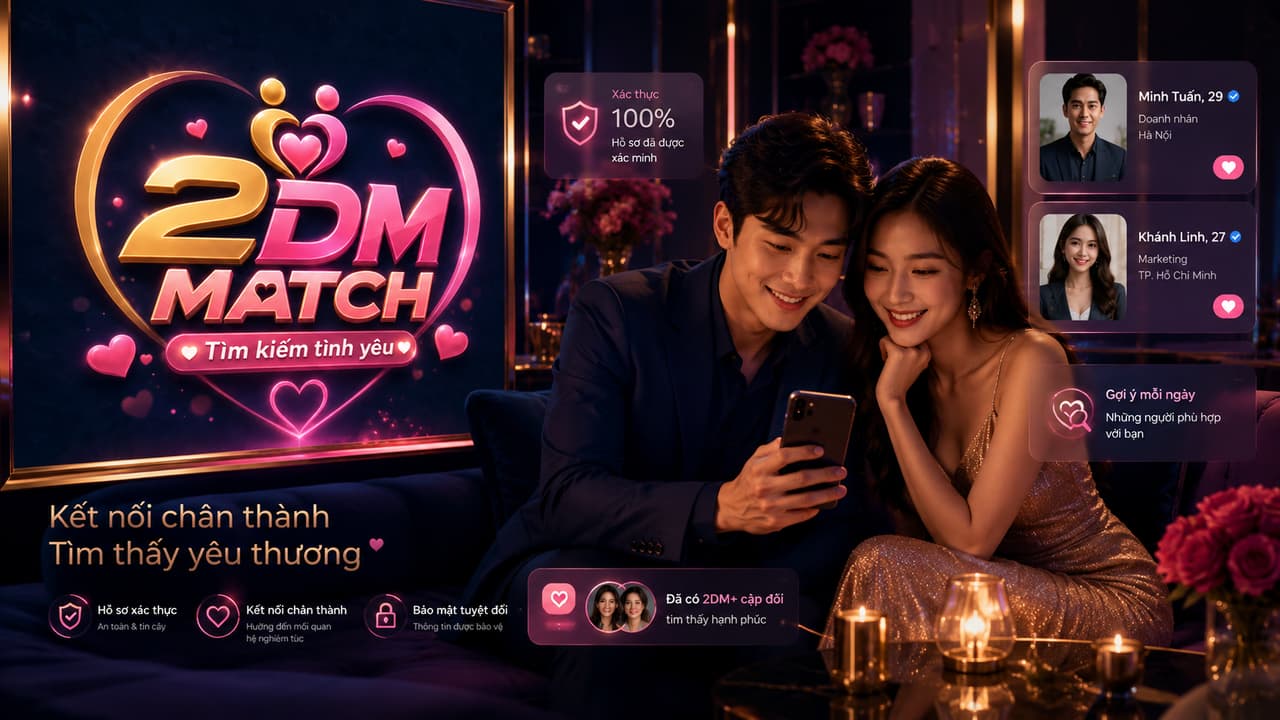 Hai người cùng xem điện thoại bên cạnh logo 2DM MATCH